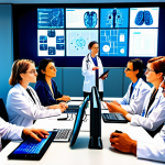 **Collaboration in AI Research**: An illustration depicting a diverse group of researchers from various disciplines (medicine, economics, psychology) collaborating in a modern conference setting, exchanging ideas and working together on innovative AI solutions. The background features digital screens displaying AI technology.