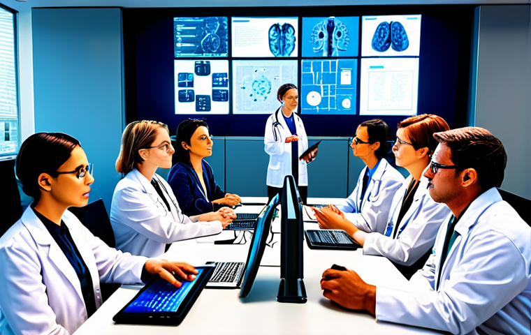 **Collaboration in AI Research**: An illustration depicting a diverse group of researchers from various disciplines (medicine, economics, psychology) collaborating in a modern conference setting, exchanging ideas and working together on innovative AI solutions. The background features digital screens displaying AI technology.